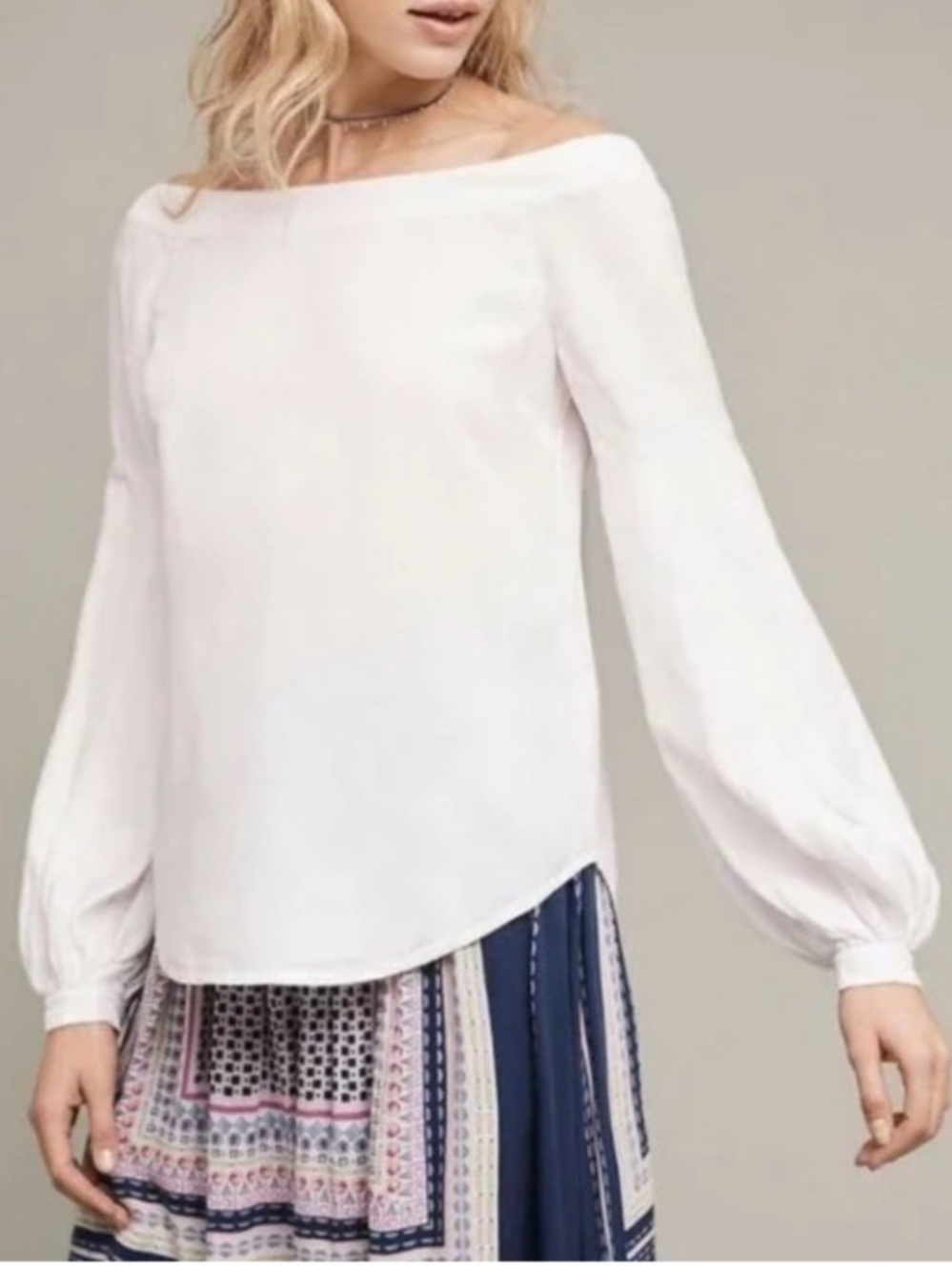 Maeve Anthro Mazza Off the Shoulder Linen blend balloon sleeve white Blouse 6